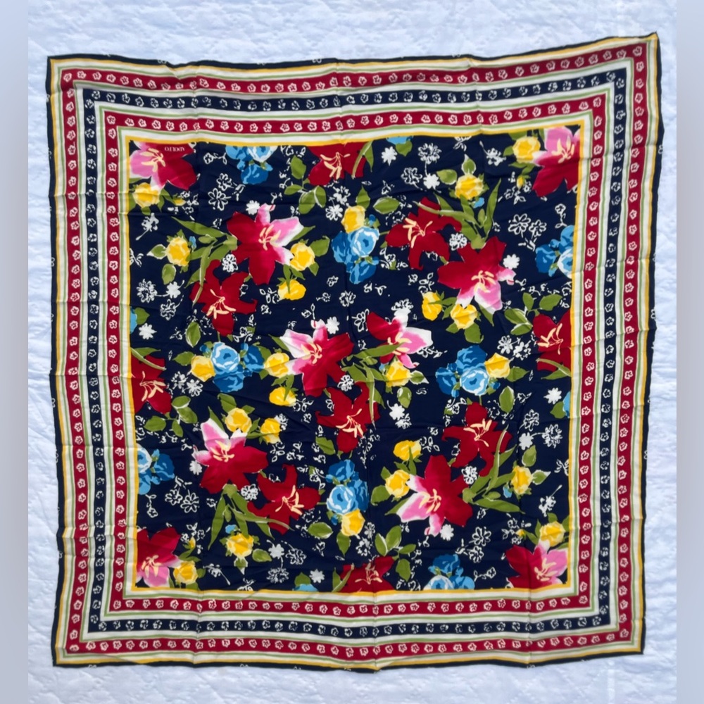 Adolfo Silk Scarf in Navy, Red, Yellow & Green Stripes